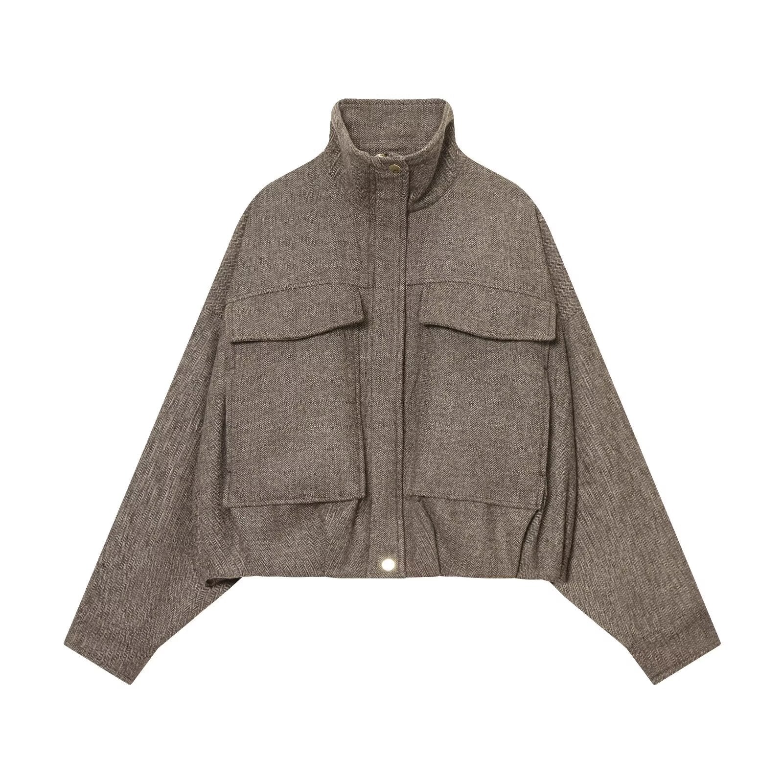 Women's casual stand collar herringbone pattern pilot jacket Coat