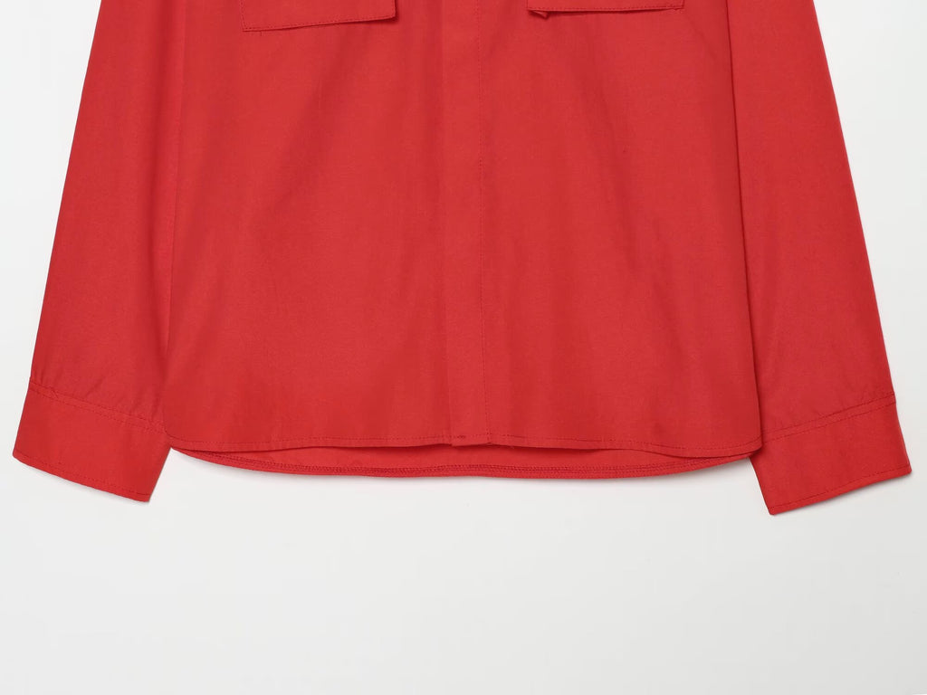 Women's pocket decoration casual stand collar shirt