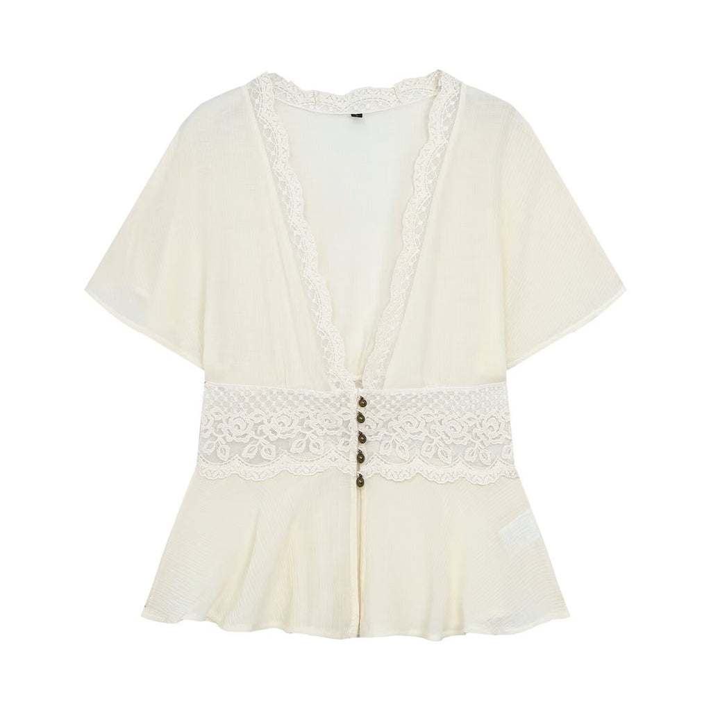 Women's lace patchwork V-neck top