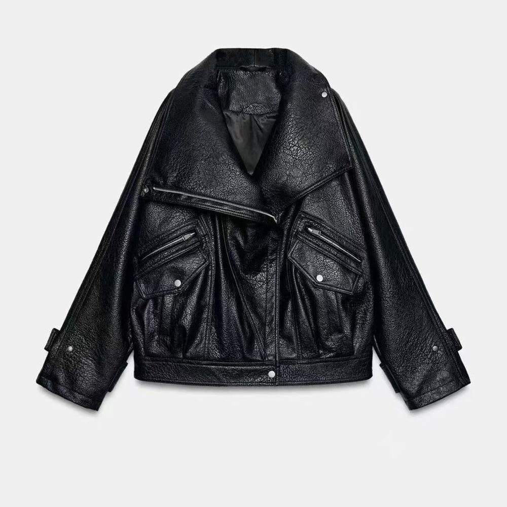 Women's new leather effect motorcycle jacket coat