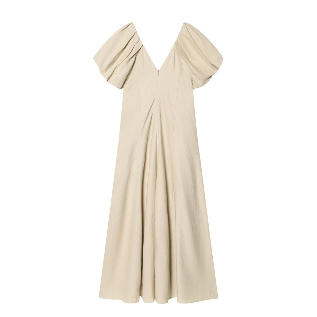 Women's Bubble sleeve Linen Blend Midi Dress