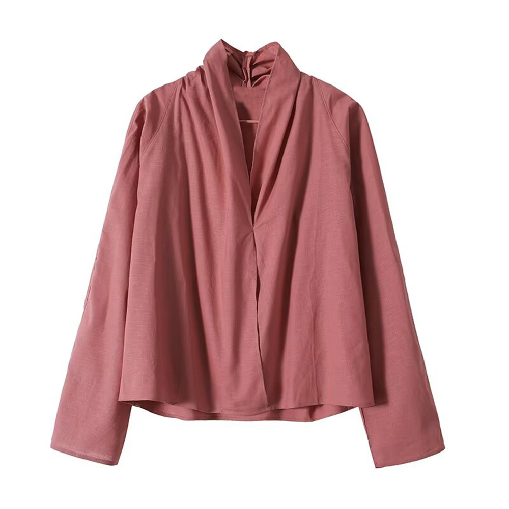 Women's long sleeved linen blended V-neck shirt