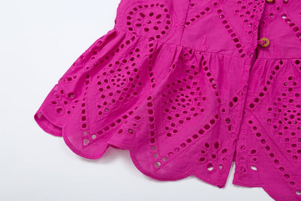 Women's short skirt style hemline hollowed out embroidery top