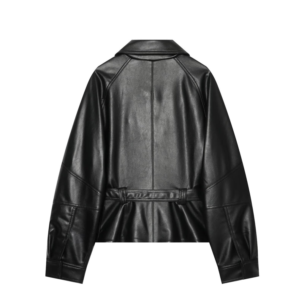 Women's long sleeved lapel leather effect jacket