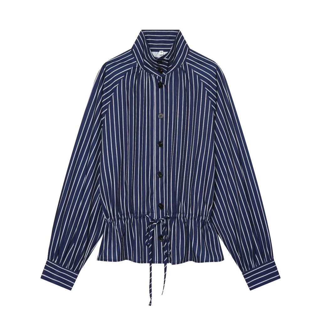 Women's with drawstring striped stand collar shirt