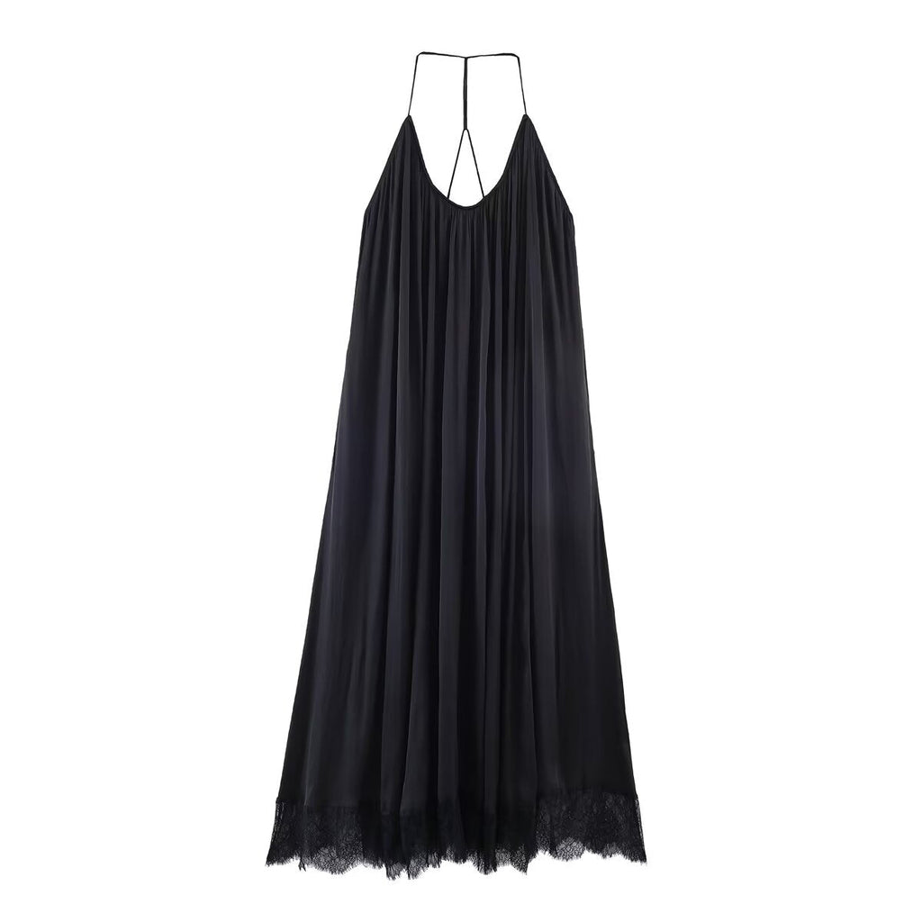 Women's satin textured hanging neck collar dress