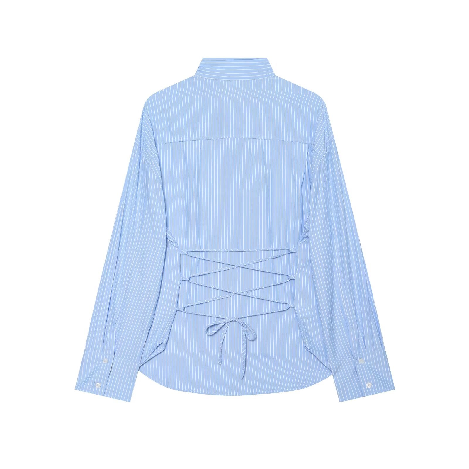 Women's waist cinched long sleeved striped shirt