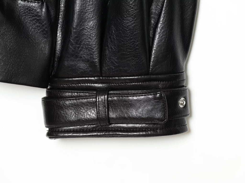 Women's with belt faux leather stand collar Coat