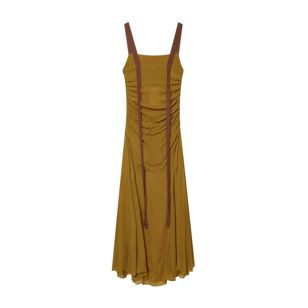 Women's pleated wide shoulder strap Midi dress