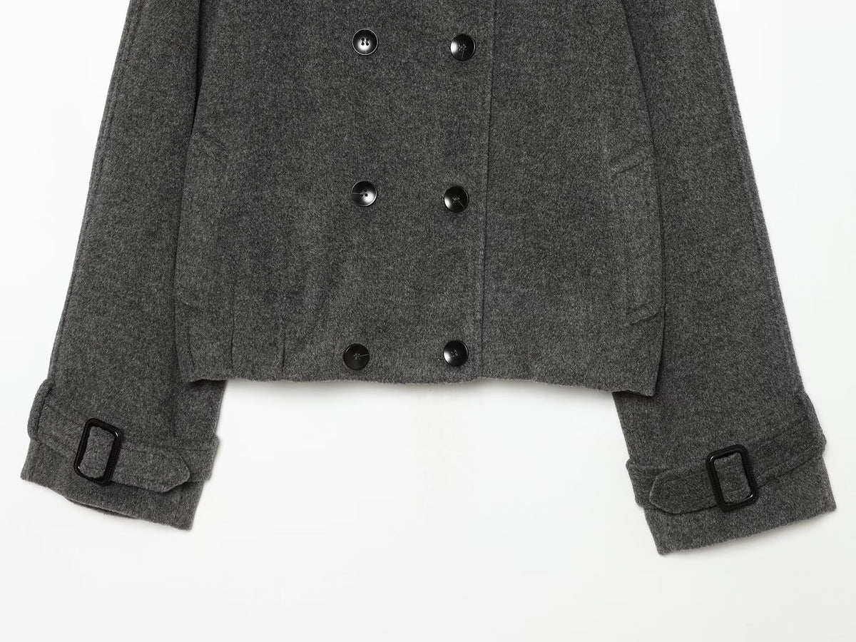 Women's standing collar double breasted woolen coat