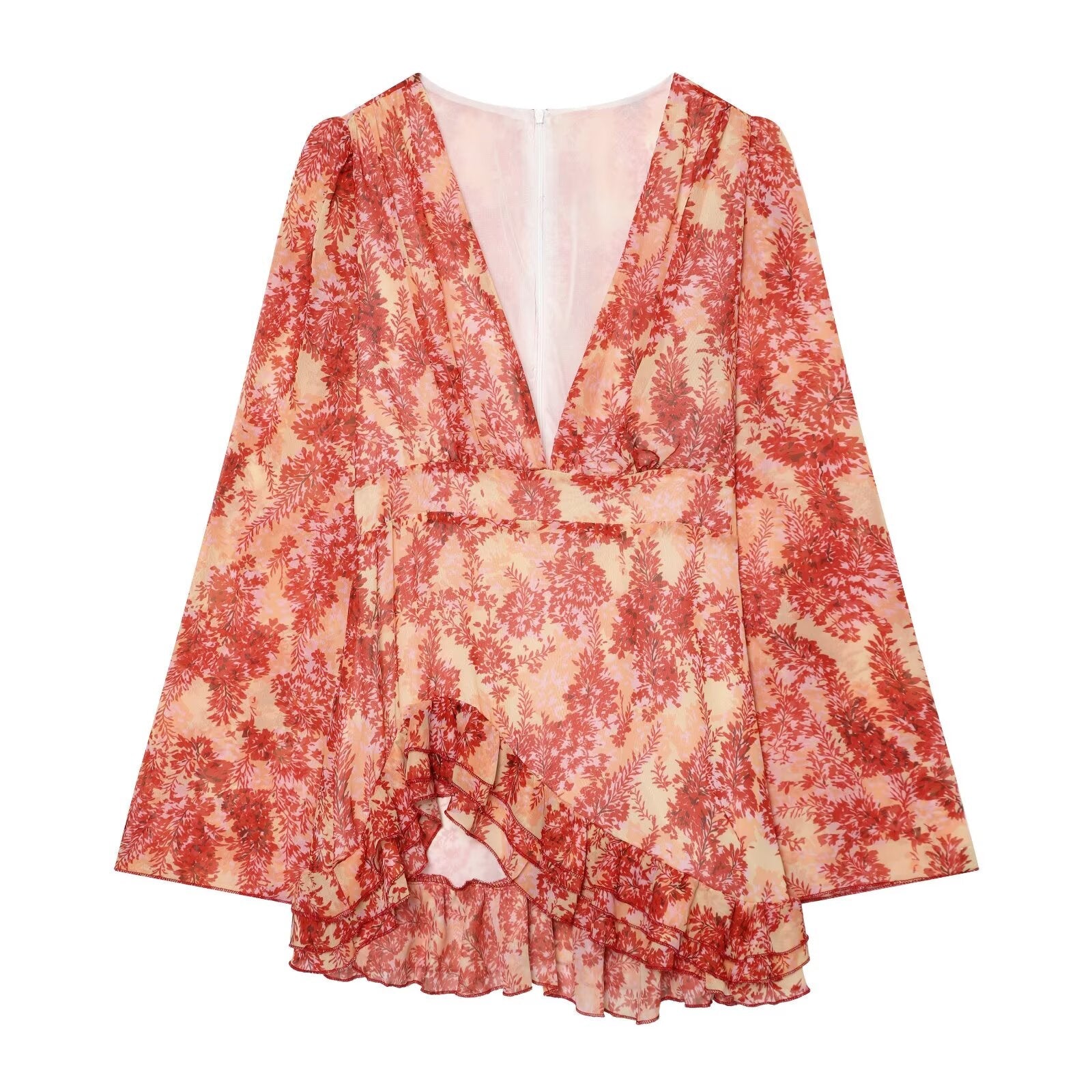 Women's V-neck printed ruffle mini dress