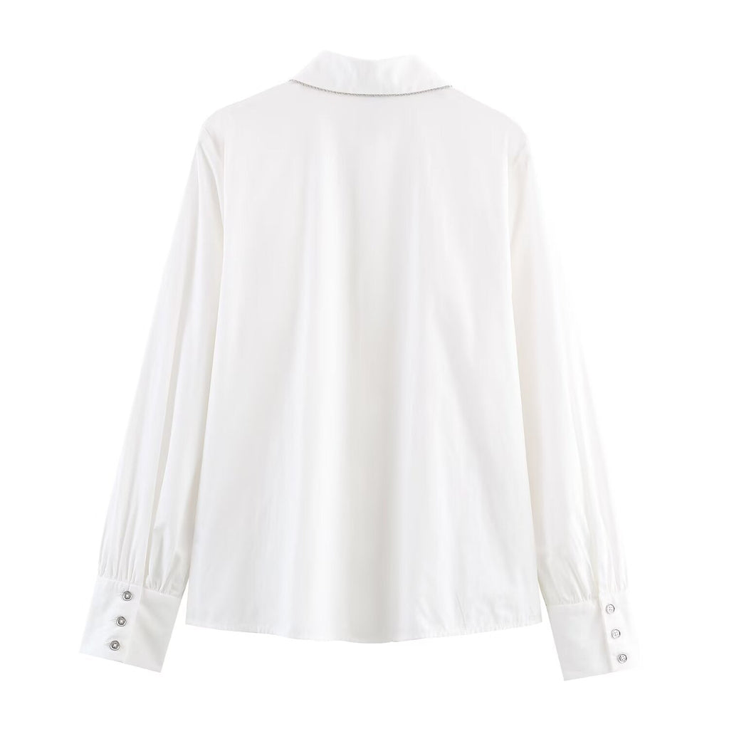 Women's Lapel beaded Decorative poplin shirt