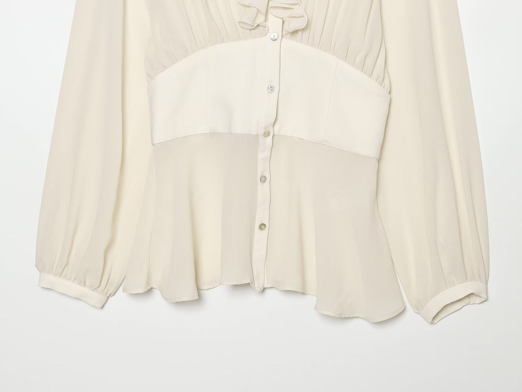 Women's waist cinching layered decorative V-neck shirt