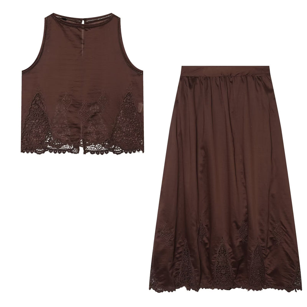 suit Women's 2 pieces casual embroidered fluffy MIDI skirt+ top