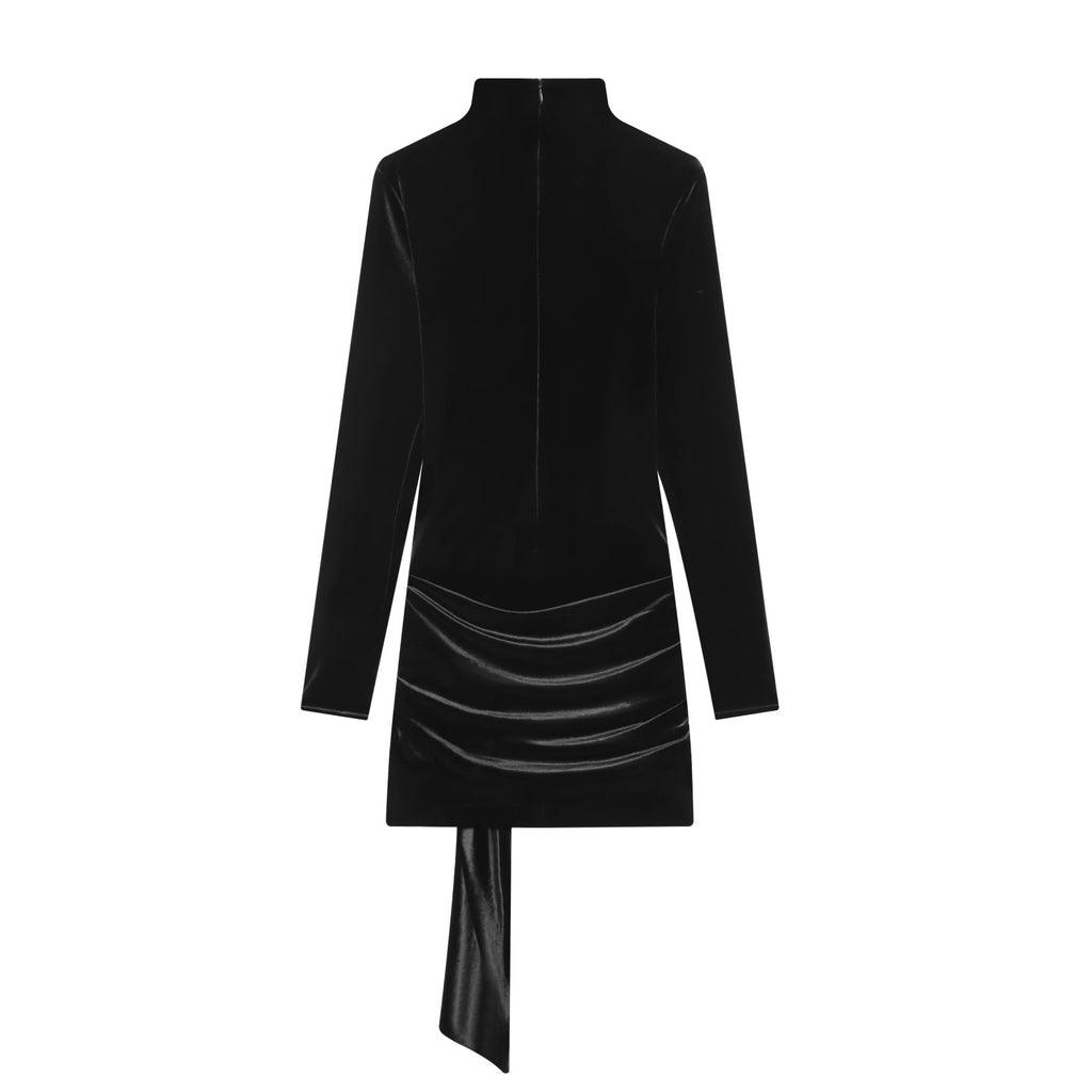 Women's belt decoration black slim velvet mini dress