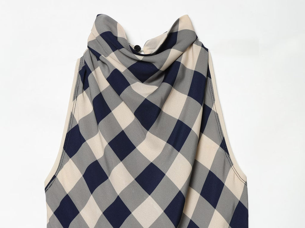 Women's plaid hanging collar MIDI dress
