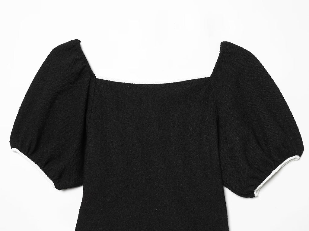 Women's contrasting straight neck bubble sleeve mini dress