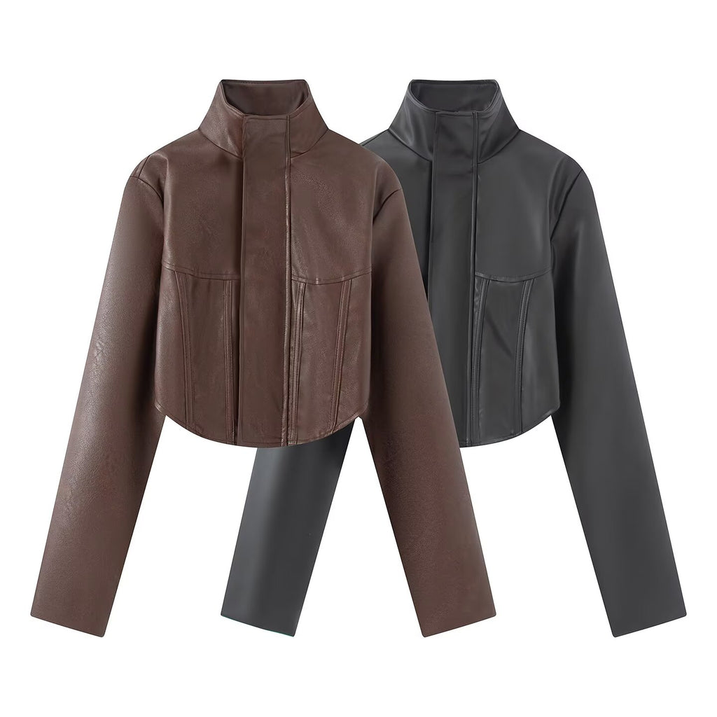 2026 Women's slim stand collar PU leather jacket