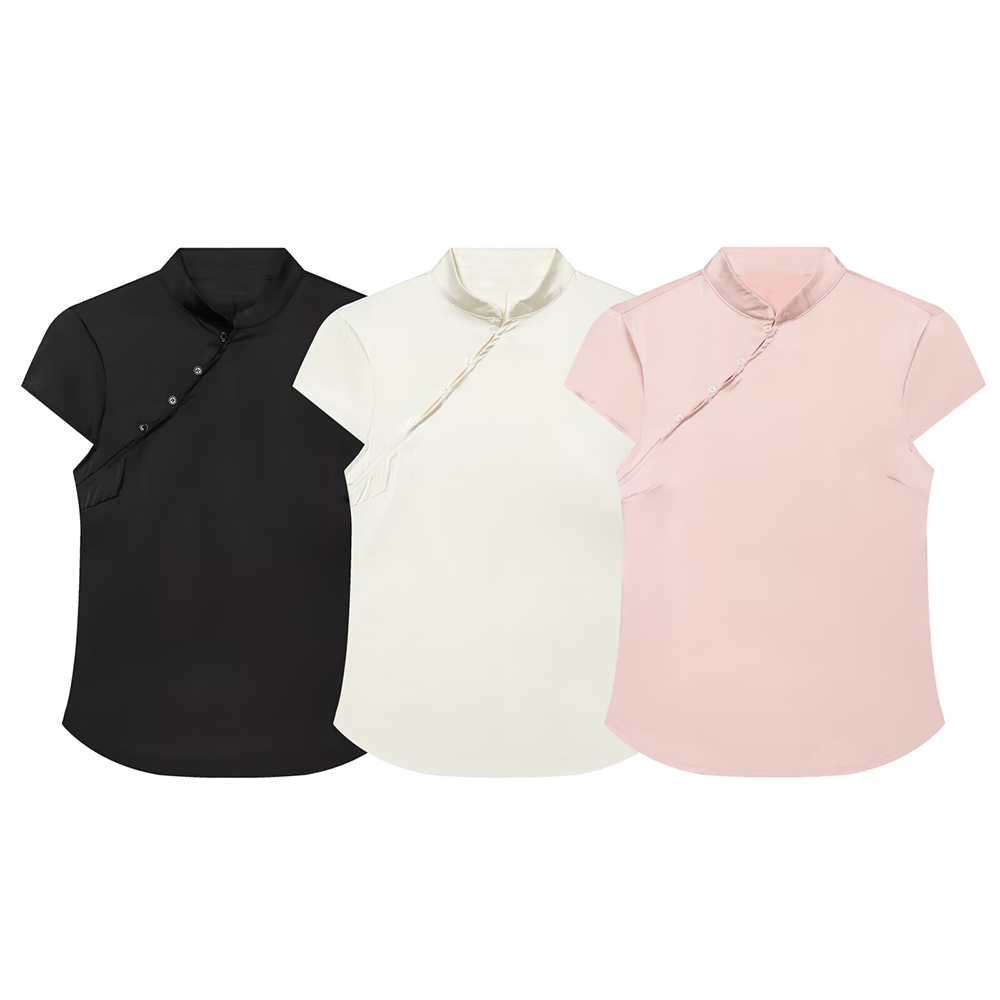 Women's satin textured short button top