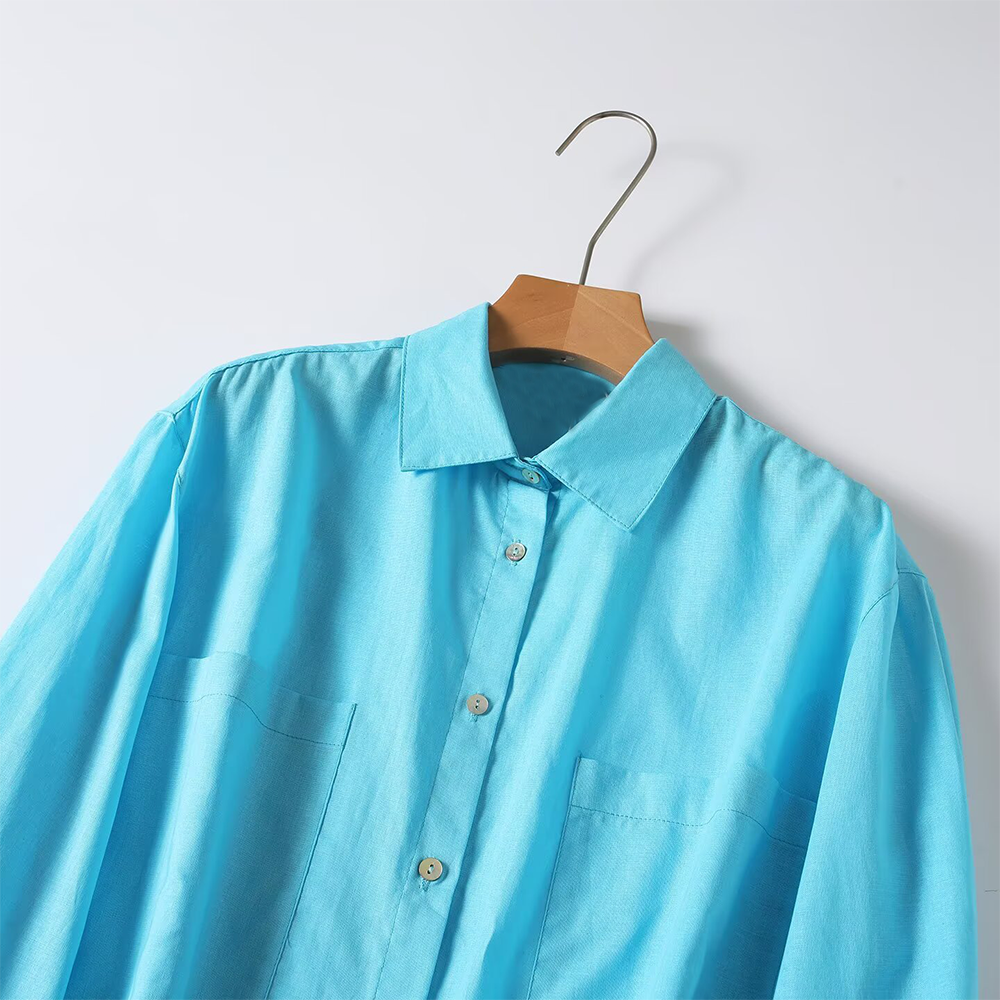 Women's pocket decoration long sleeved ramie shirt