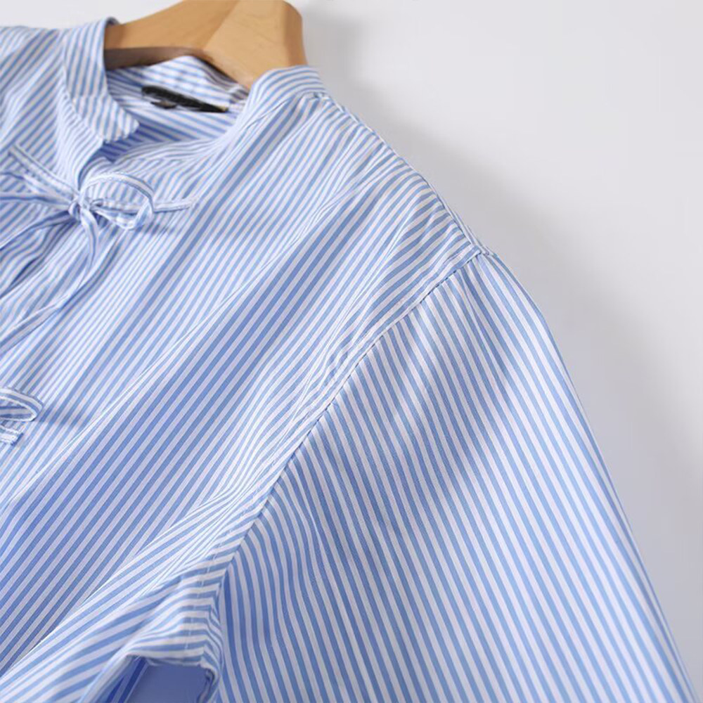 Women's loose cotton striped lace up shirt