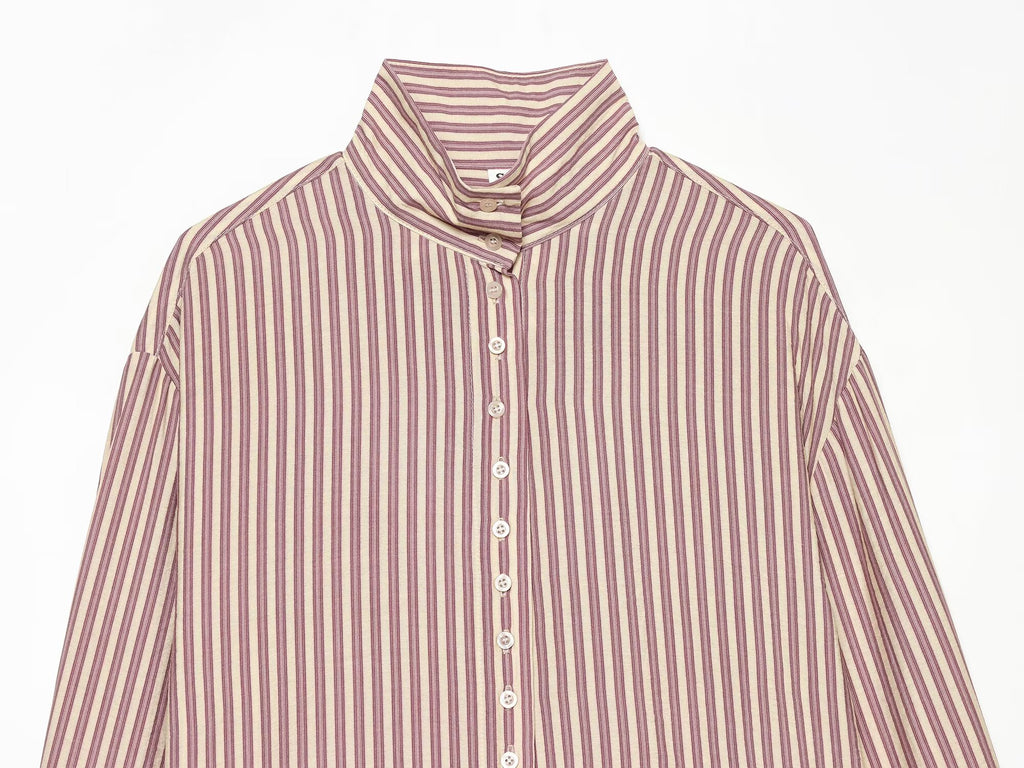 Women's loose stand collar striped shirt