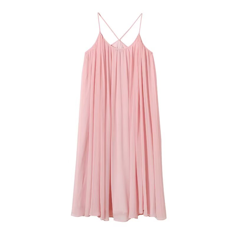 Women's pleated decorative suspender MIDI dress