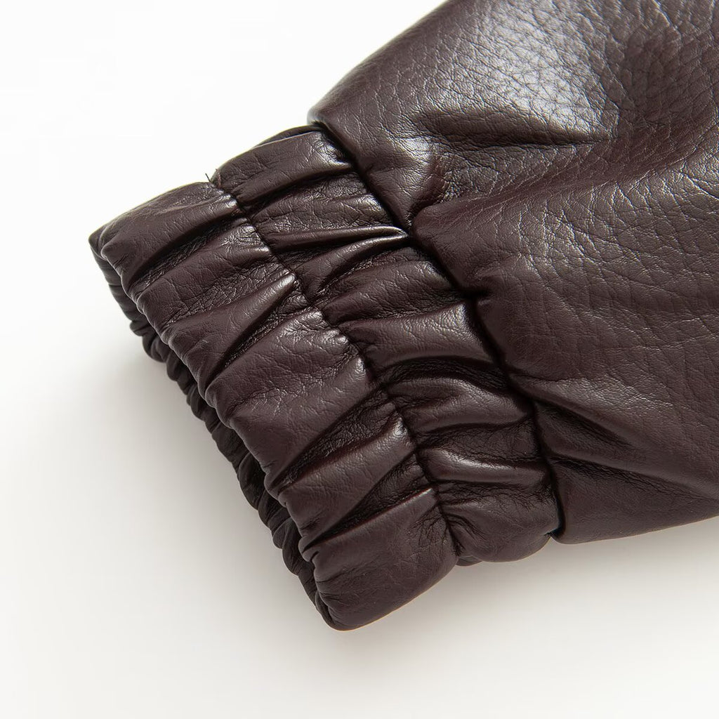 Women's stand collar fake two-piece Faux Leather jacket