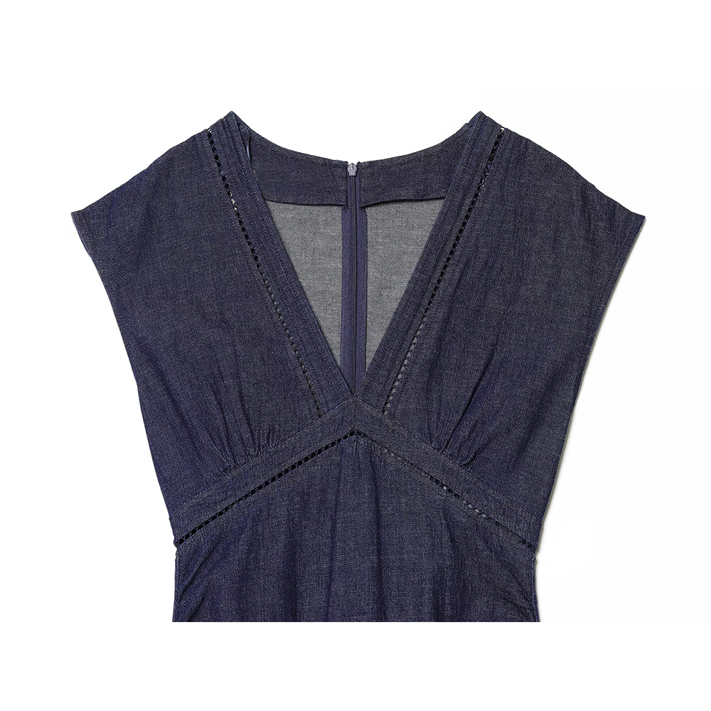 Women's V-neck patchwork pleated denim dress