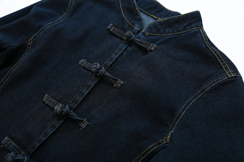 suit Women's 2 pieces slim rope knot buckle denim jacket Coat+jeans