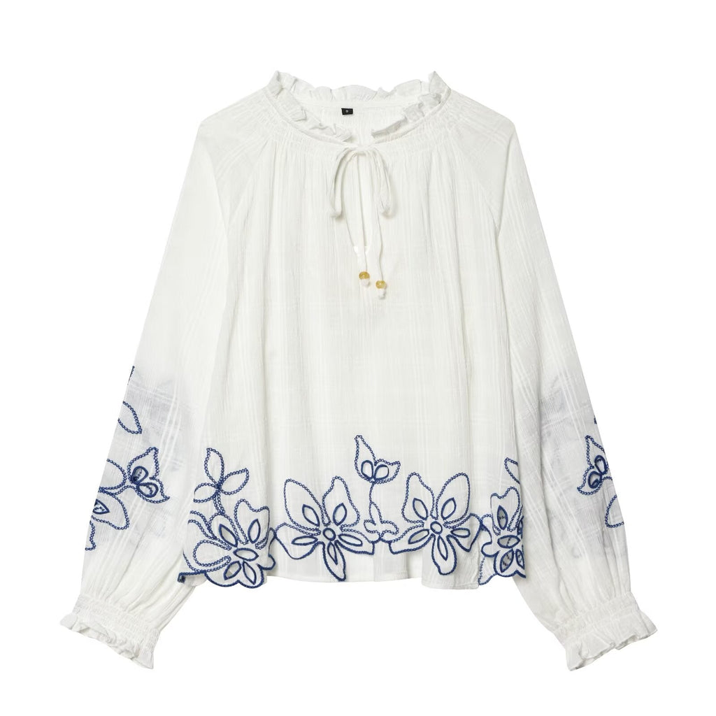 Women's floral embroidered lace up shirt