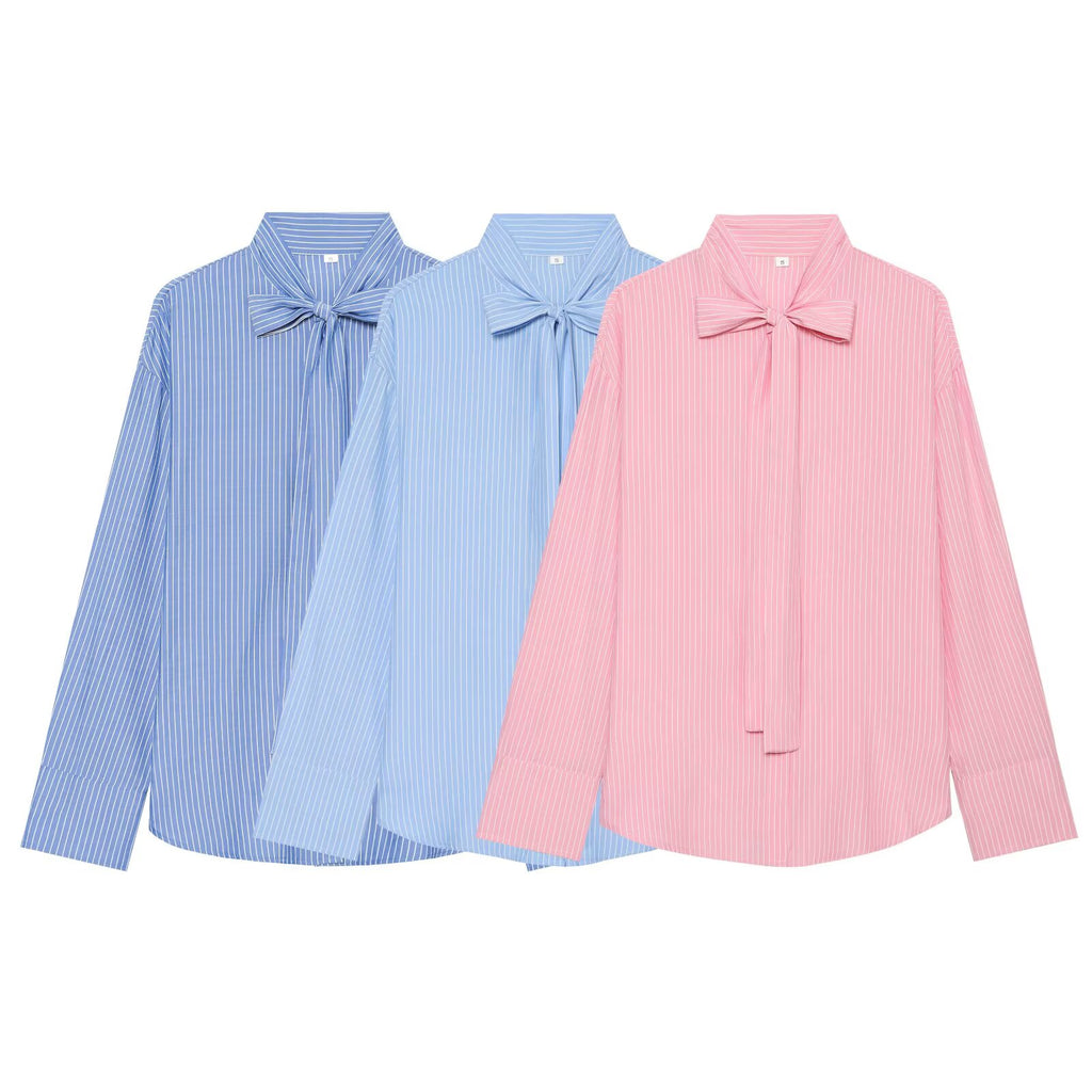 Women's waist cinched long sleeved striped shirt