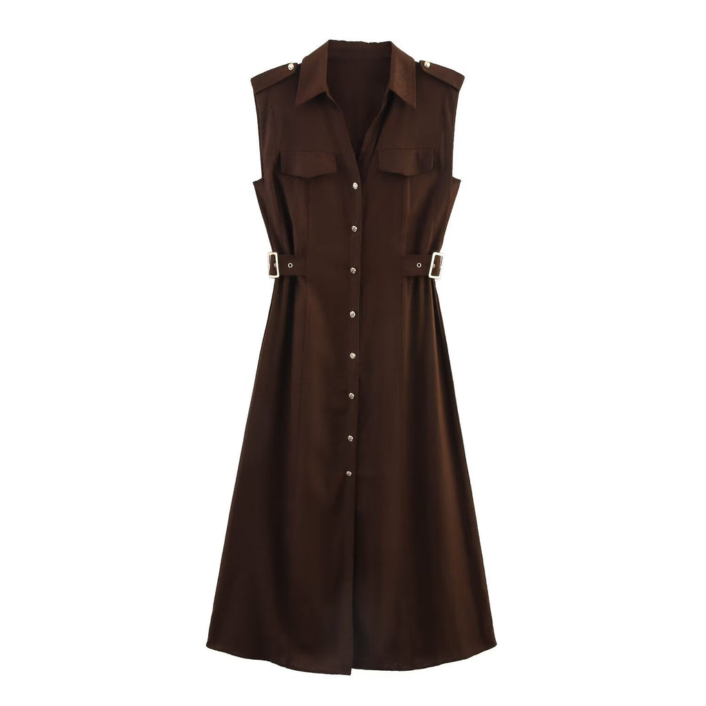 Women's new chic fashion flip decoration casual single breasted linen blended MIDI dress retro sleeveless women's dress