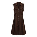Women's new chic fashion flip decoration casual single breasted linen blended MIDI dress retro sleeveless women's dress