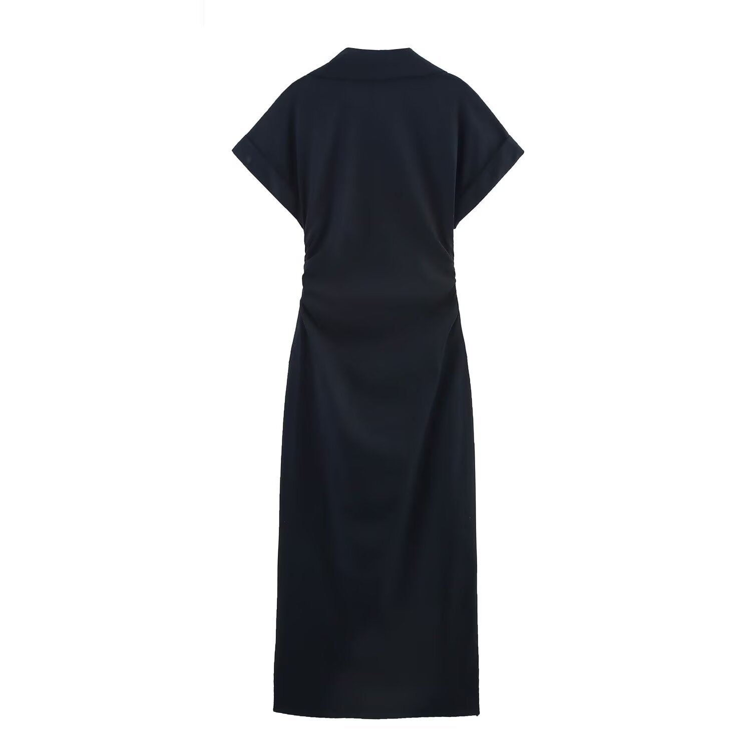 Women's new chic fashion pleated decoration slim single breasted linen blended MIDI dress retro short sleeved women's dress