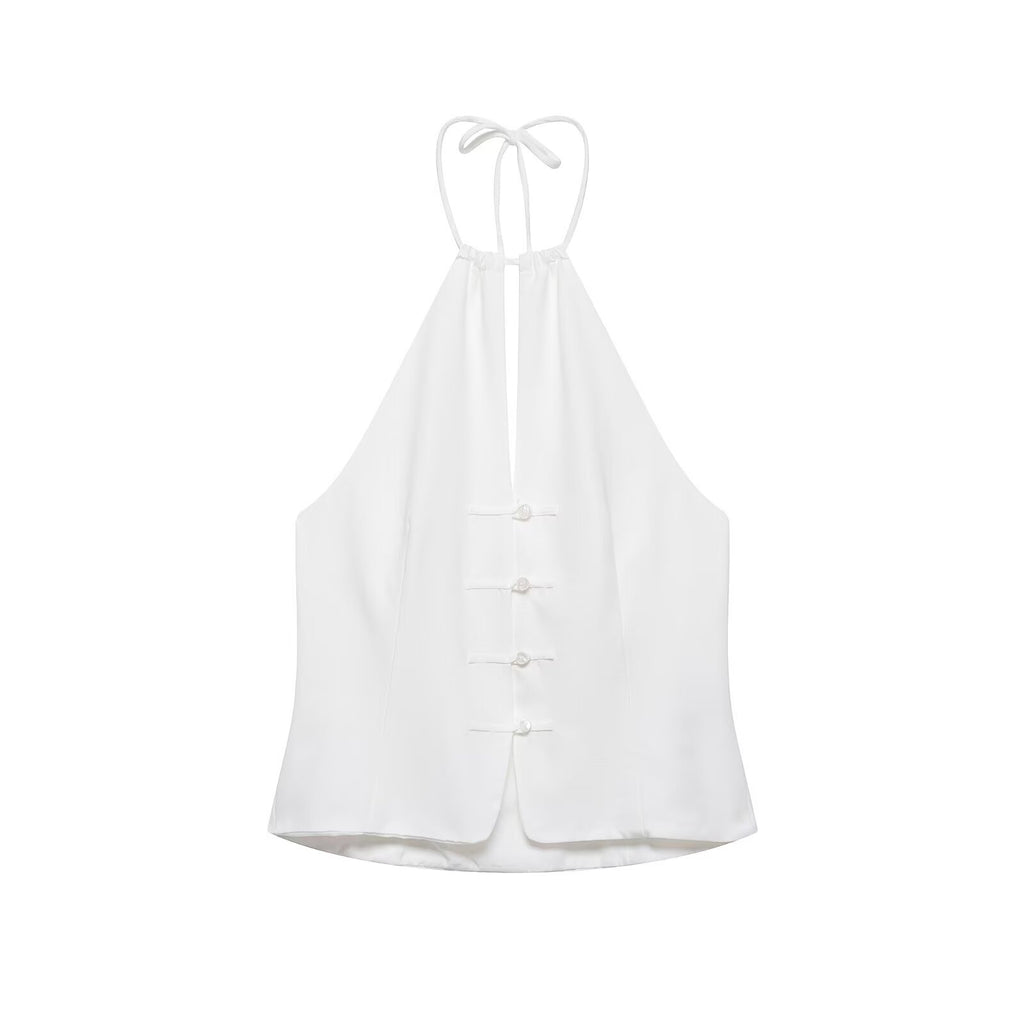 suit Women's 2 pieces buckle decoration hanging neck top+shorts