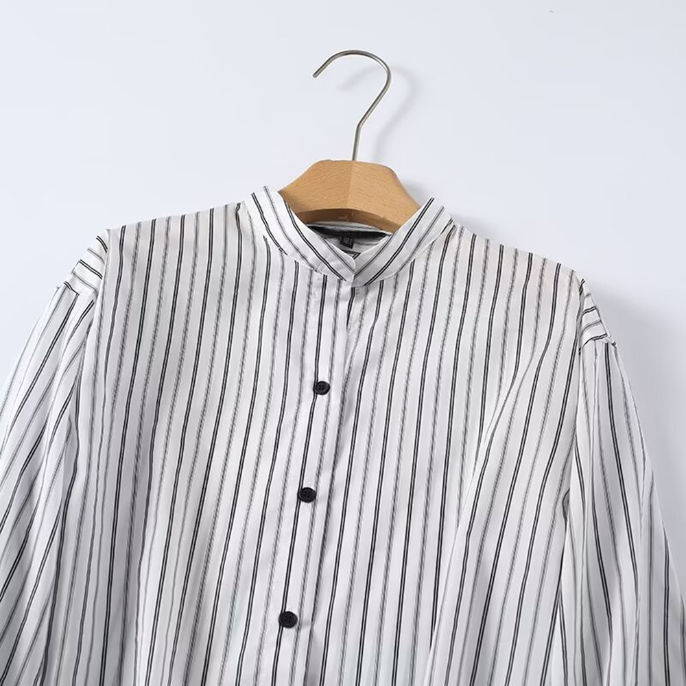 Women's 2026 loose stand collar striped shirt