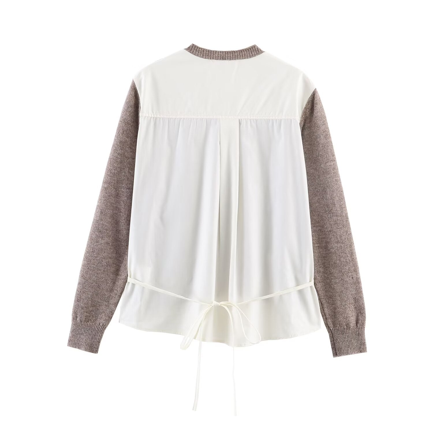 Women's belt decoration O Neck spliced knitted Coat