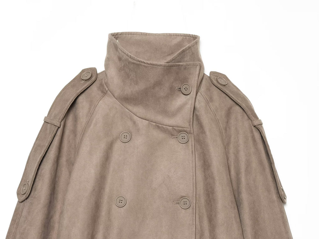 Women's suede textured stand collar double breasted Coat