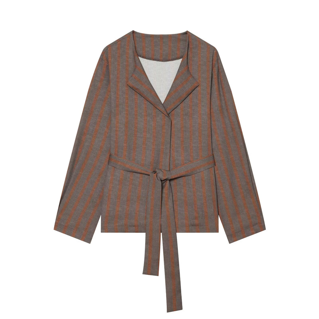 suit Women's 2 pieces with Belt linen blend striped Blazer Coat+Pants