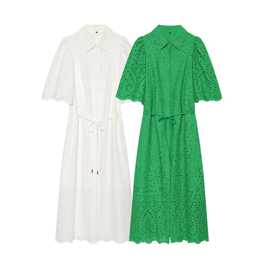 Women's hollowed out embroidered shirt style dress