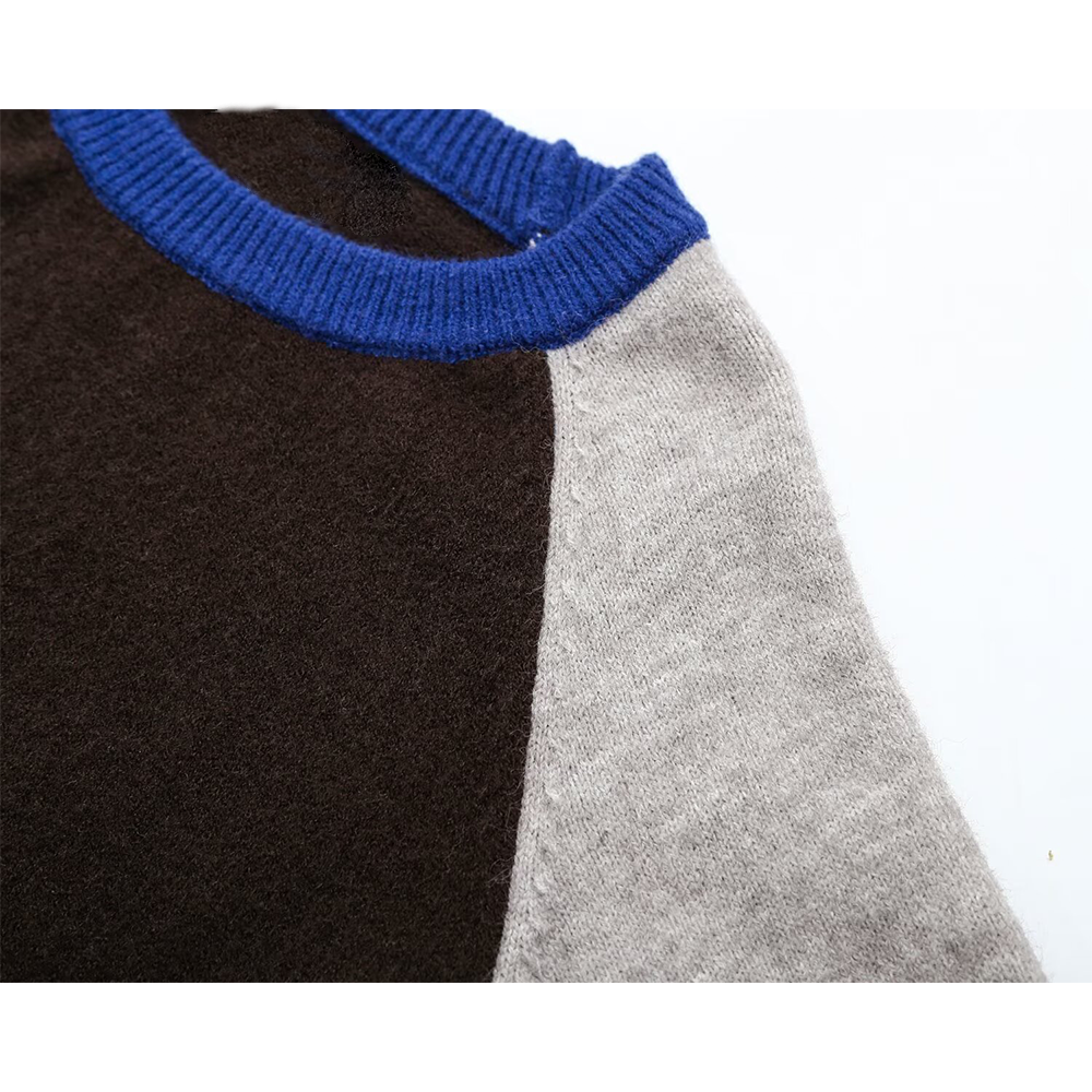 Women's round neck color blocked knitted sweater