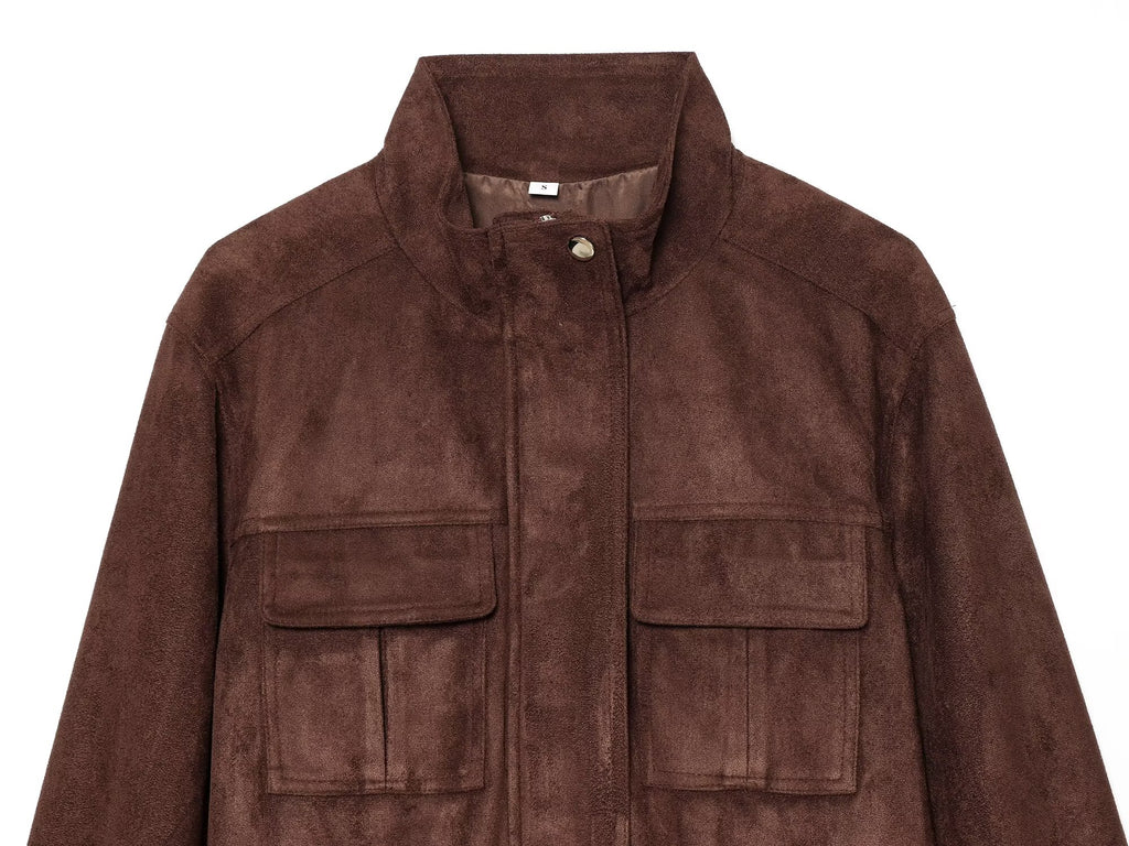 Women's suede waist cinched drawstring jacket Coat