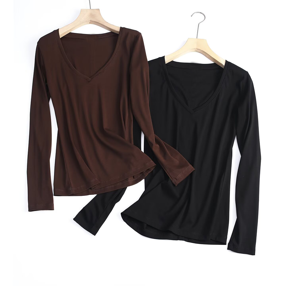Women's slim V-neck long sleeved T-shirt