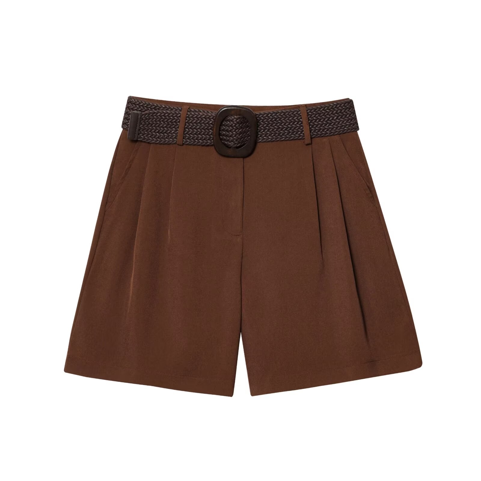 Women's new fashion with Belt casual side pocket high waist pleated shorts