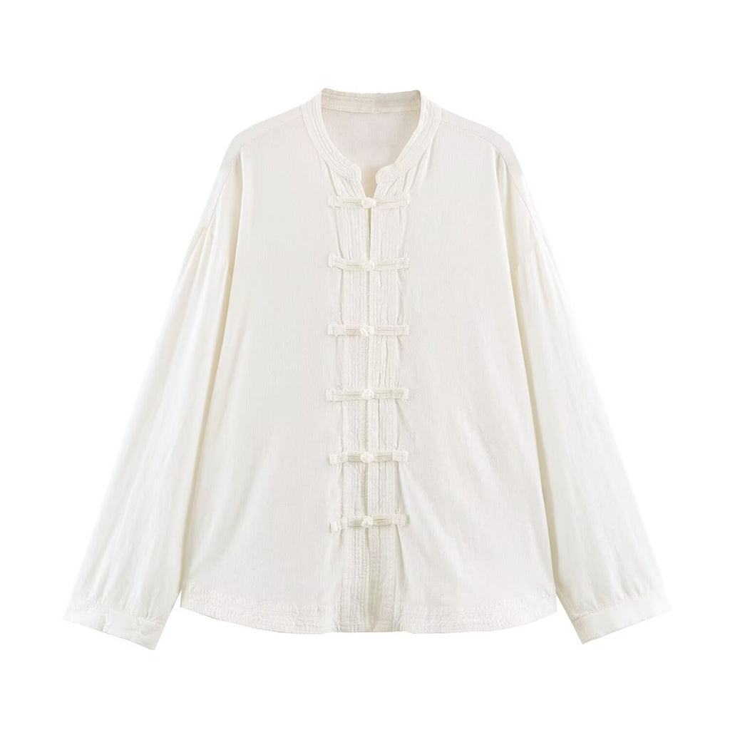 Women's rope knot buckle loose linen blended shirt
