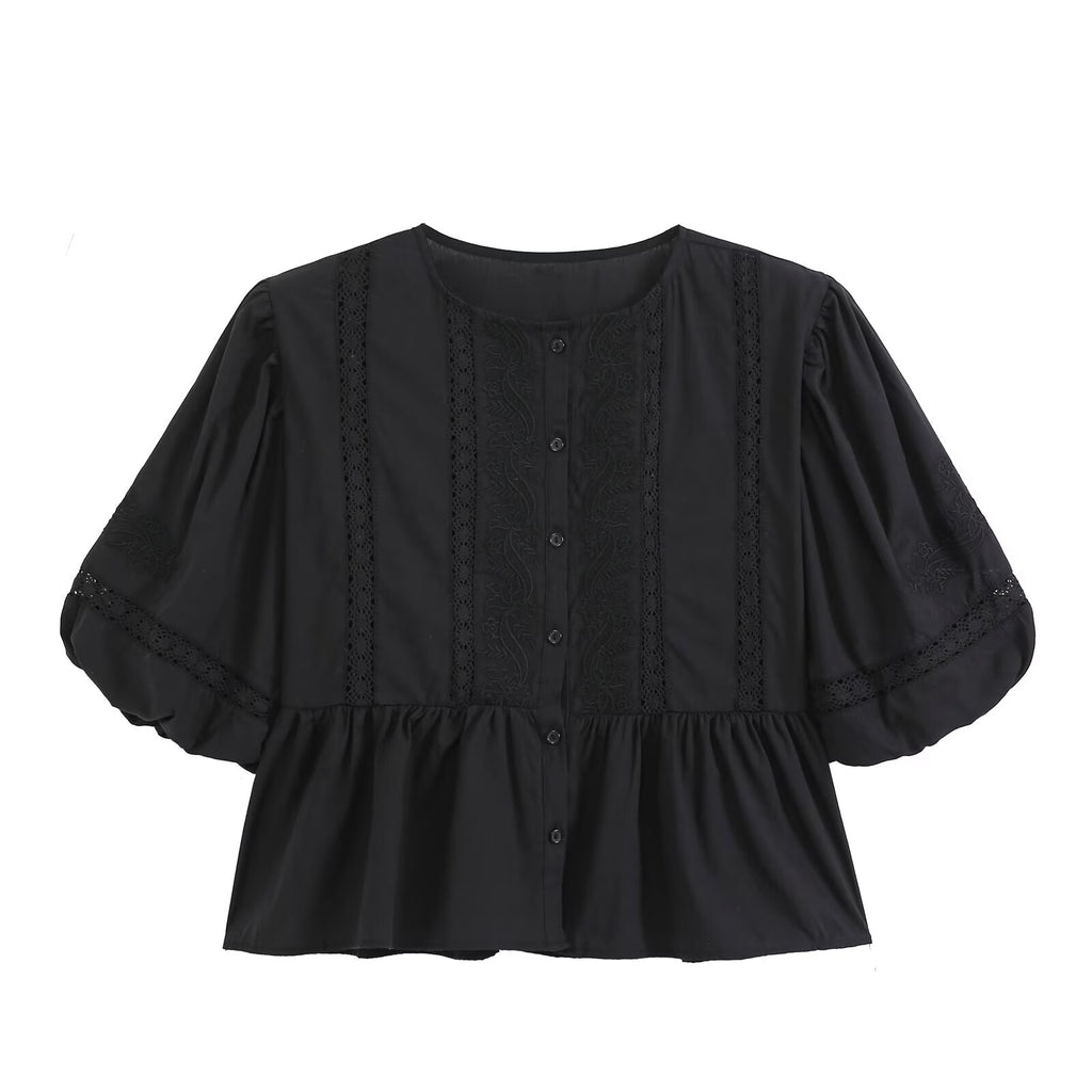 Women's hollowed out embroidered balloon sleeve shirt