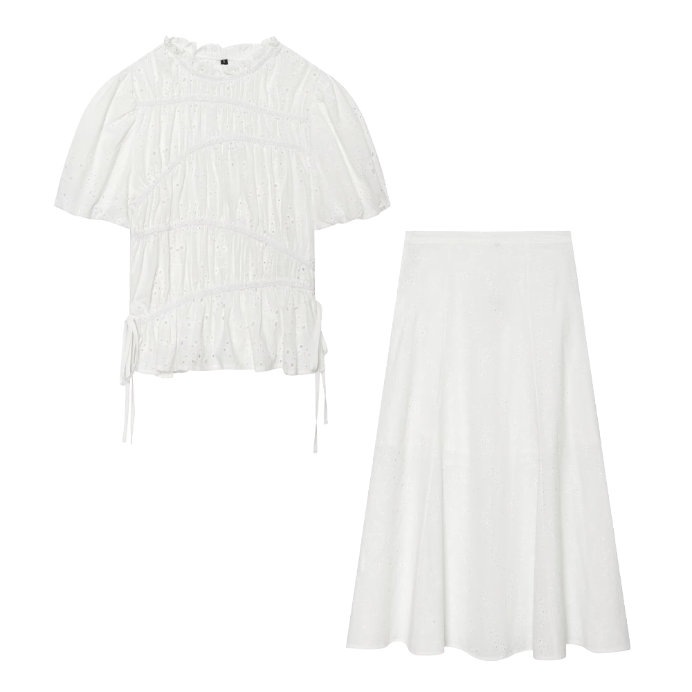 suit Women's 2 pieces pleated hollowed out embroidered top+Skirts