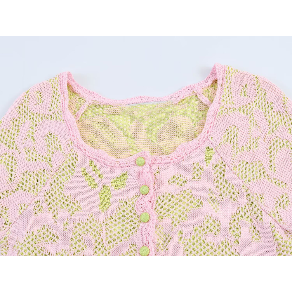 Women's O Neck jacquard short sleeved knitted Coat
