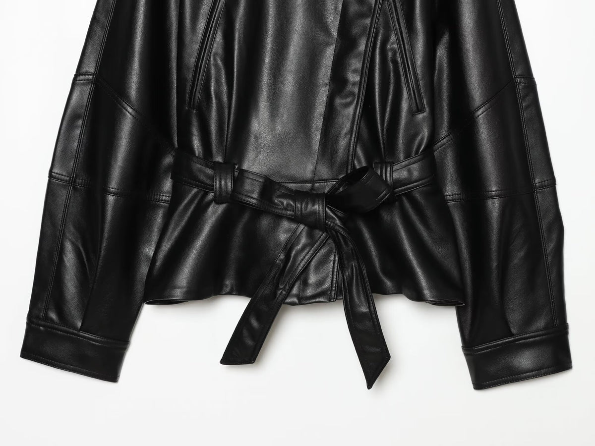 Women's long sleeved lapel leather effect jacket
